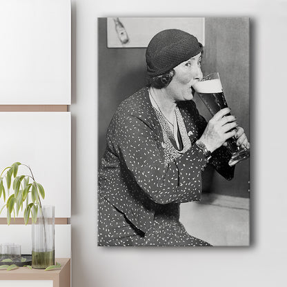 Woman Drinking Beer Print, Bar Cart Wall Art, Black and White, 1920s, Canvas Print Wall Art