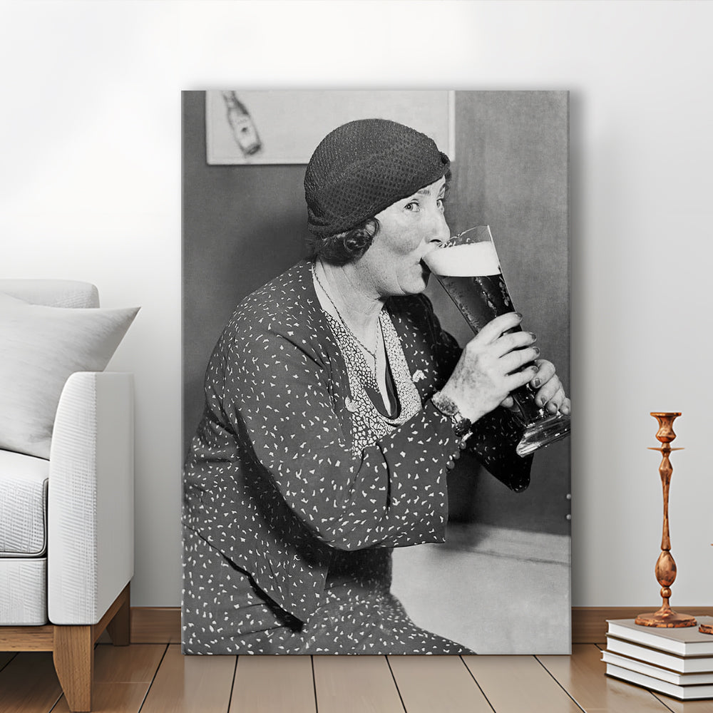 Woman Drinking Beer Print, Bar Cart Wall Art, Black and White, 1920s, Canvas Print Wall Art