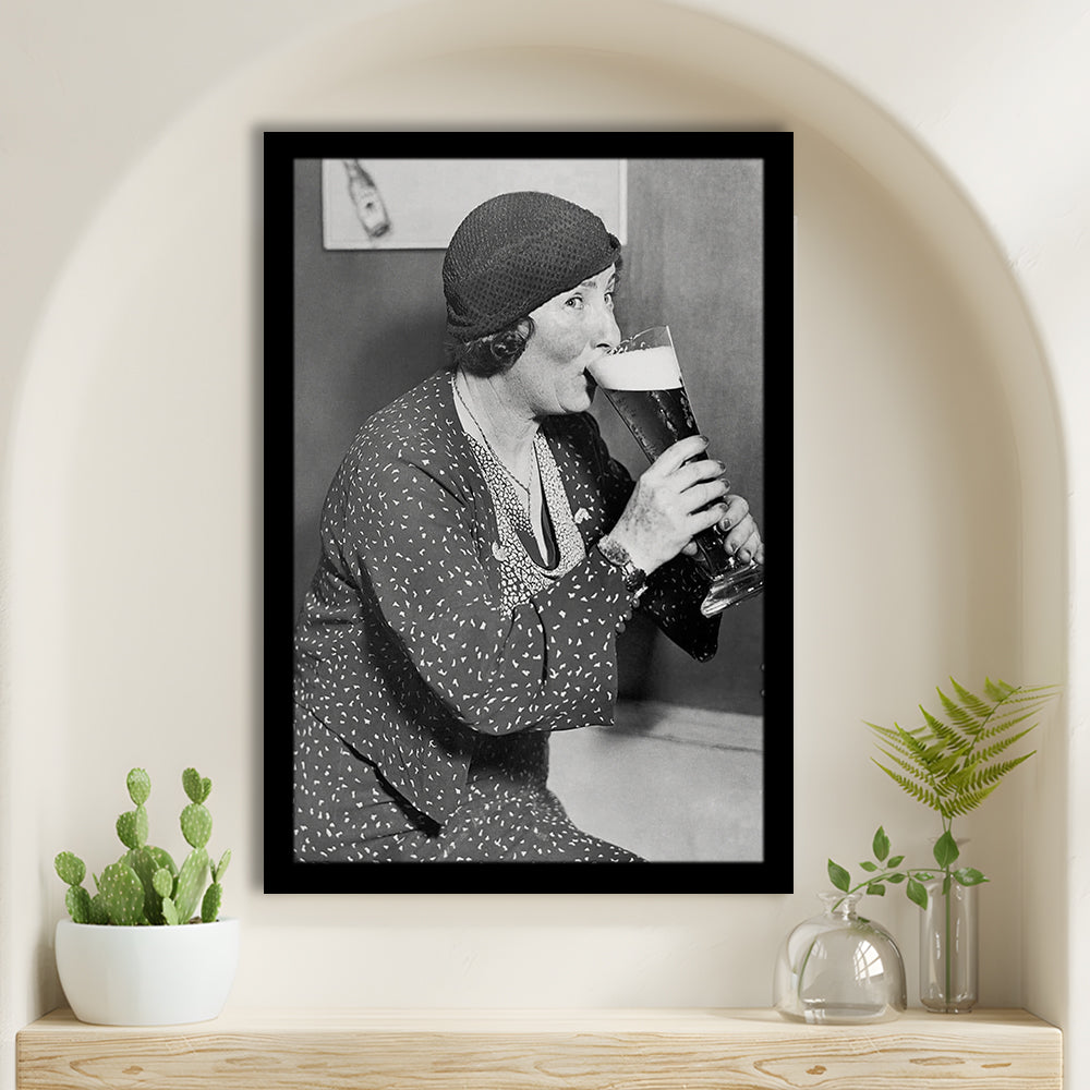 Woman Drinking Beer Print, Bar Cart Wall Art, Black and White,Prohibition Wall Art, 1920s, Framed Art Print Wall Decor