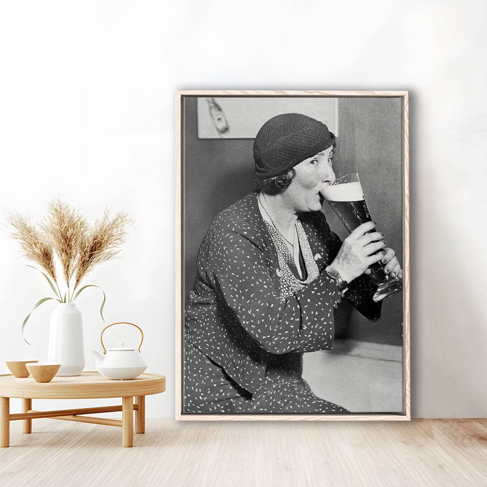 Woman Drinking Beer Print, Bar Cart Wall Art, Black and White,Prohibition Art, Floating Framed Canvas Print