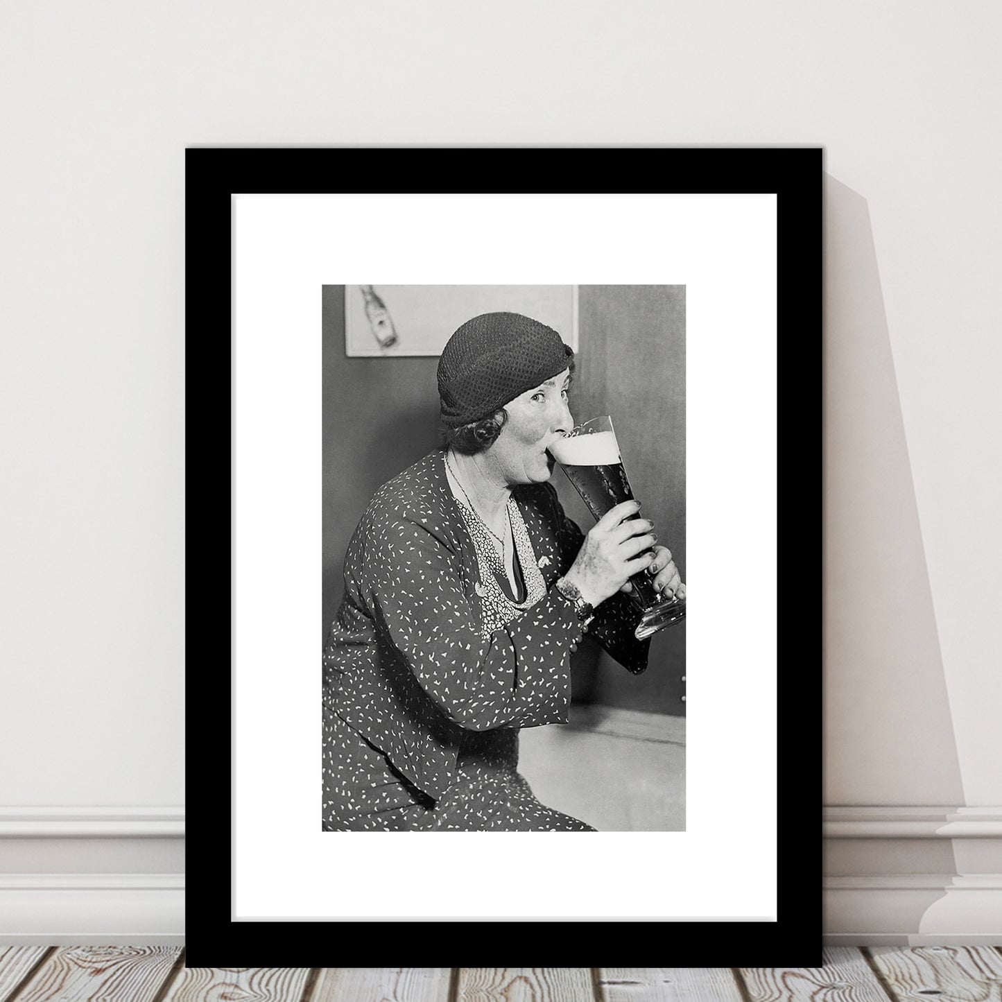 Woman Drinking Beer Print, Bar Cart Wall Art, Black and White, Framed Art Print White Border Wall Decor
