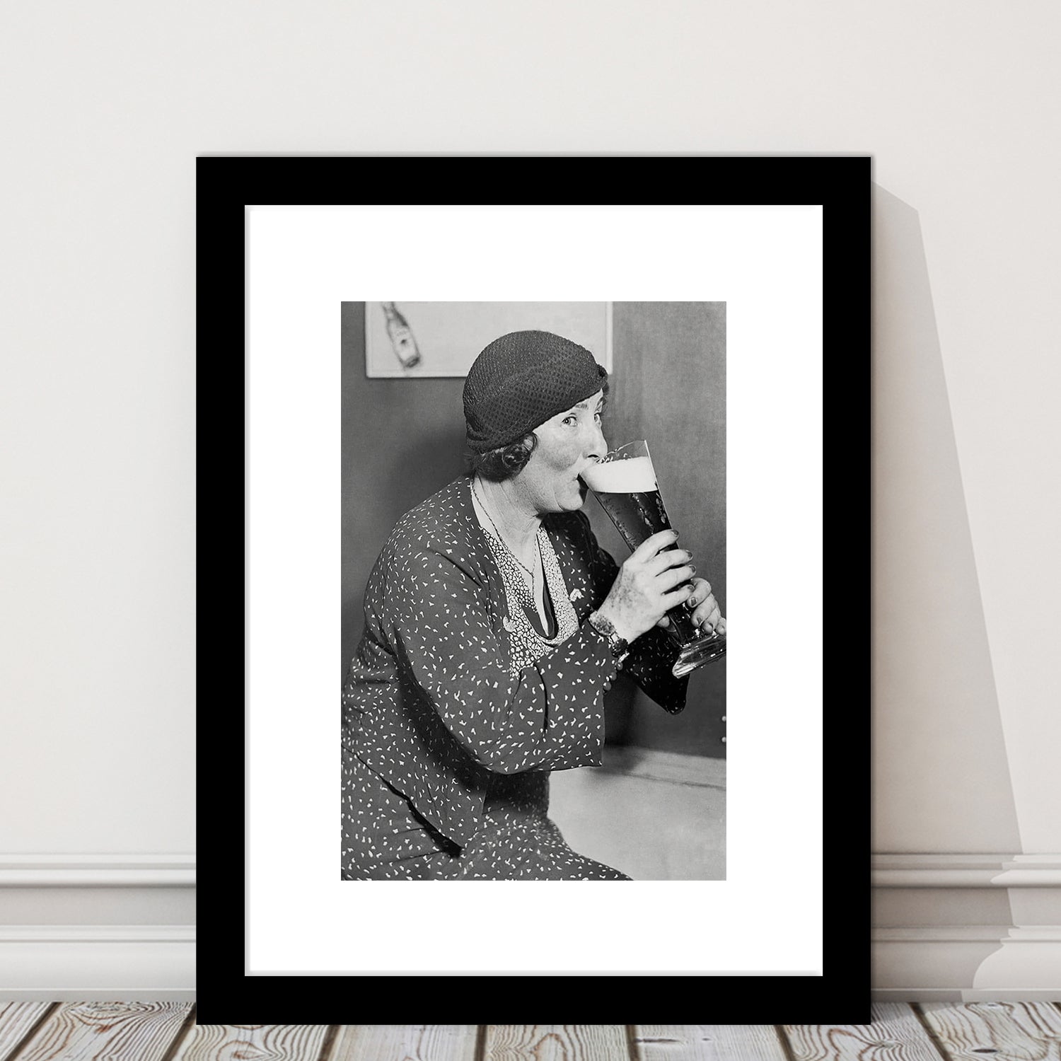 Woman Drinking Beer Print, Bar Cart Wall Art, Black and White, Framed Art Print White Border Wall Decor