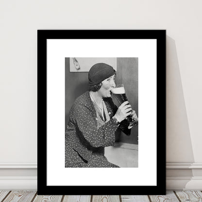 Woman Drinking Beer Print, Bar Cart Wall Art, Black and White, Framed Art Print White Border Wall Decor
