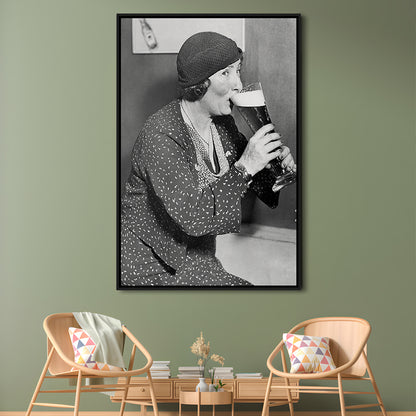 Woman Drinking Beer Print, Bar Cart Wall Art, Black and White,Prohibition Art, Floating Framed Canvas Print