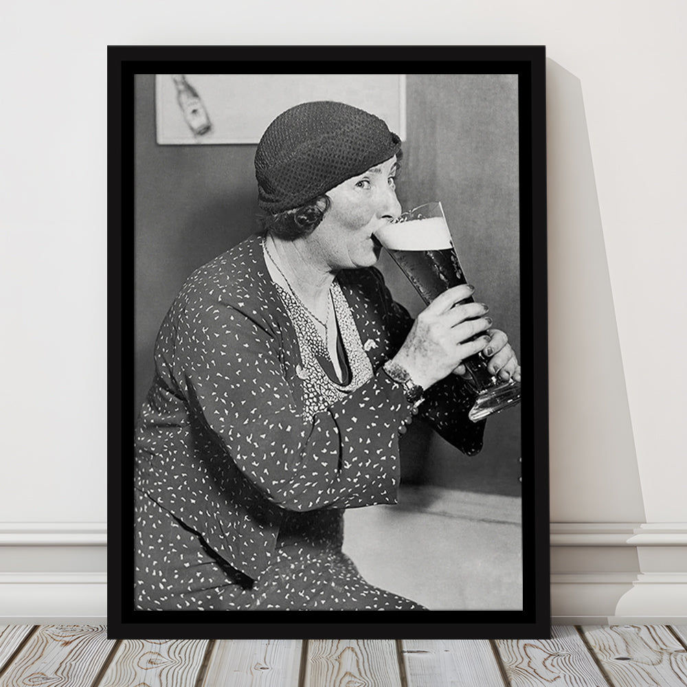 Woman Drinking Beer Print, Bar Cart Wall Art, Black and White,Prohibition Art, Floating Framed Canvas Print