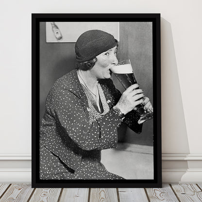 Woman Drinking Beer Print, Bar Cart Wall Art, Black and White,Prohibition Art, Floating Framed Canvas Print