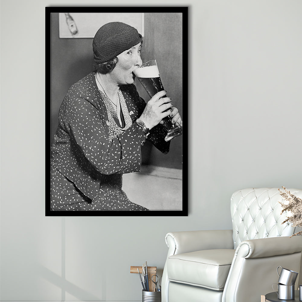 Woman Drinking Beer Print, Bar Cart Wall Art, Black and White,Prohibition Wall Art, 1920s, Framed Art Print Wall Decor