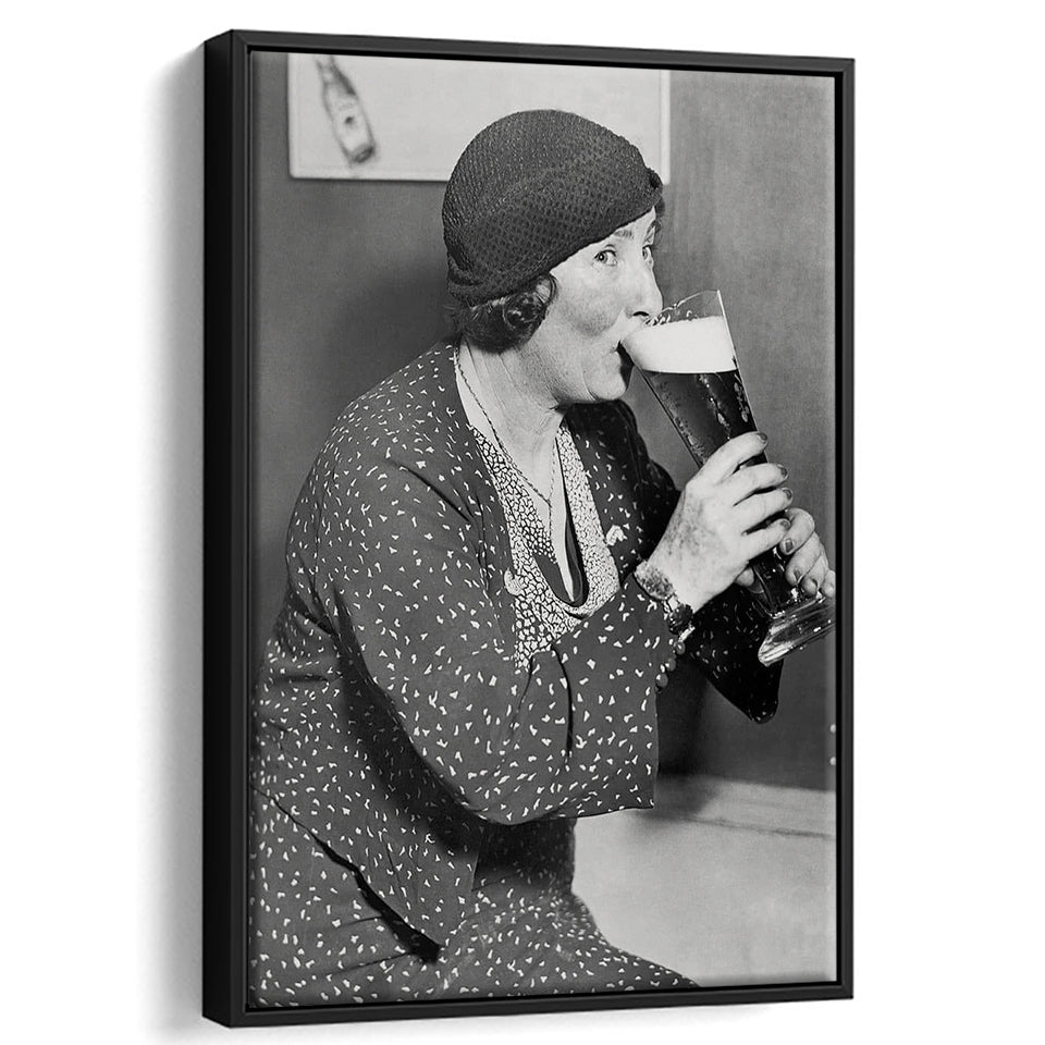 Woman Drinking Beer Print, Bar Cart Wall Art, Black and White,Prohibition Art, Floating Framed Canvas Print