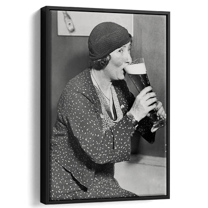 Woman Drinking Beer Print, Bar Cart Wall Art, Black and White,Prohibition Art, Floating Framed Canvas Print