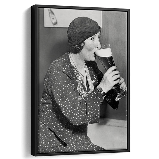 Woman Drinking Beer Print, Bar Cart Wall Art, Black and White,Prohibition Art, Floating Framed Canvas Print