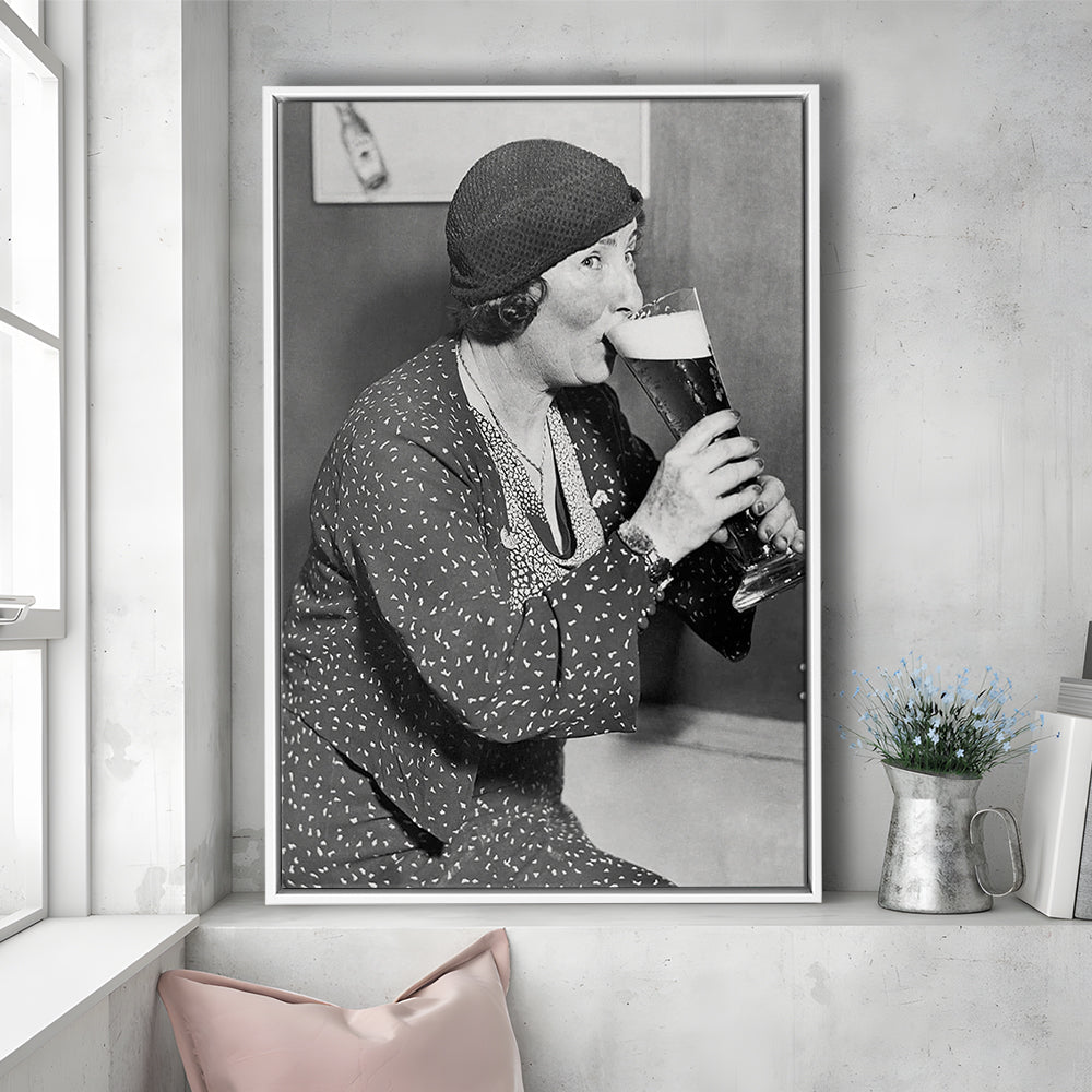 Woman Drinking Beer Print, Bar Cart Wall Art, Black and White,Prohibition Art, Floating Framed Canvas Print