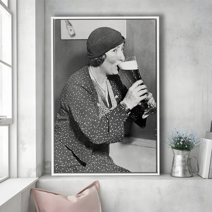 Woman Drinking Beer Print, Bar Cart Wall Art, Black and White,Prohibition Art, Floating Framed Canvas Print