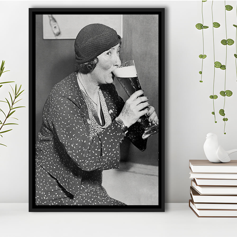 Woman Drinking Beer Print, Bar Cart Wall Art, Black and White,Prohibition Art, Floating Framed Canvas Print