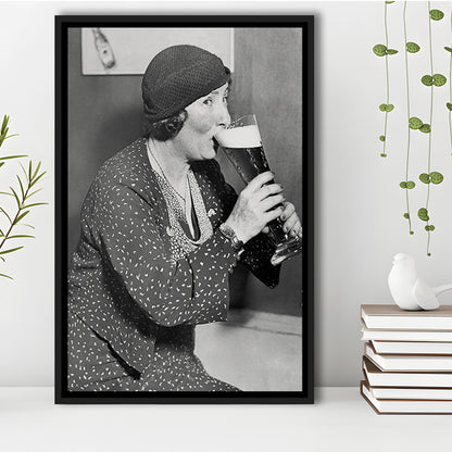 Woman Drinking Beer Print, Bar Cart Wall Art, Black and White,Prohibition Art, Floating Framed Canvas Print