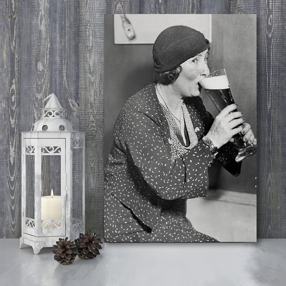 Woman Drinking Beer Print, Bar Cart Wall Art, Black and White, 1920s, Canvas Print Wall Art