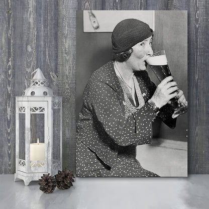 Woman Drinking Beer Print, Bar Cart Wall Art, Black and White, 1920s, Canvas Print Wall Art