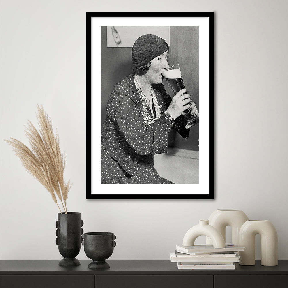 Woman Drinking Beer Print, Bar Cart Wall Art, Black and White, Framed Art Print White Border Wall Decor