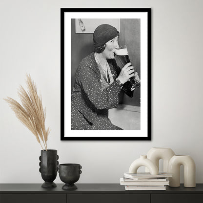 Woman Drinking Beer Print, Bar Cart Wall Art, Black and White, Framed Art Print White Border Wall Decor