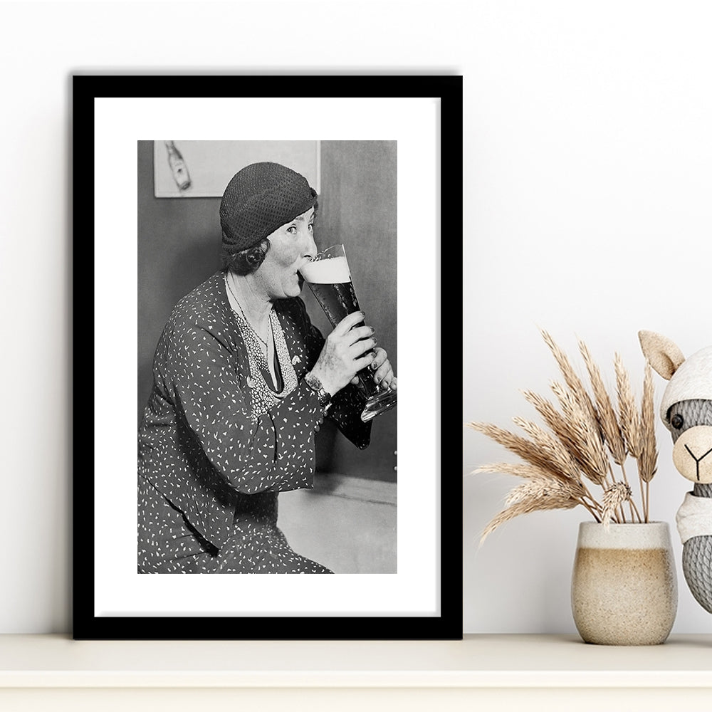 Woman Drinking Beer Print, Bar Cart Wall Art, Black and White, Framed Art Print White Border Wall Decor