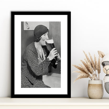 Woman Drinking Beer Print, Bar Cart Wall Art, Black and White, Framed Art Print White Border Wall Decor