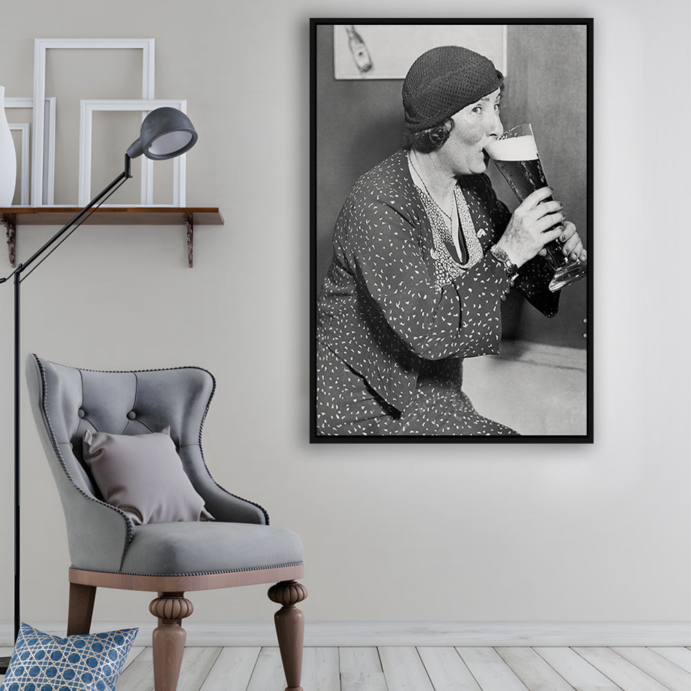 Woman Drinking Beer Print, Bar Cart Wall Art, Black and White,Prohibition Art, Floating Framed Canvas Print