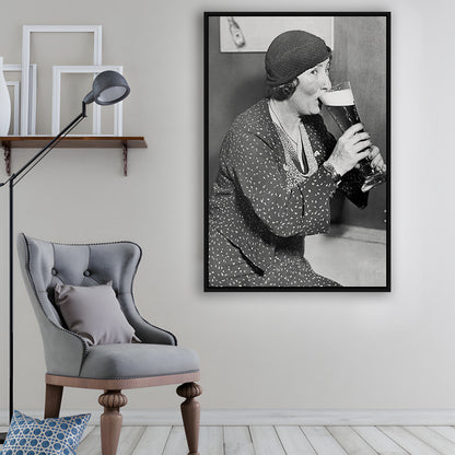 Woman Drinking Beer Print, Bar Cart Wall Art, Black and White,Prohibition Art, Floating Framed Canvas Print