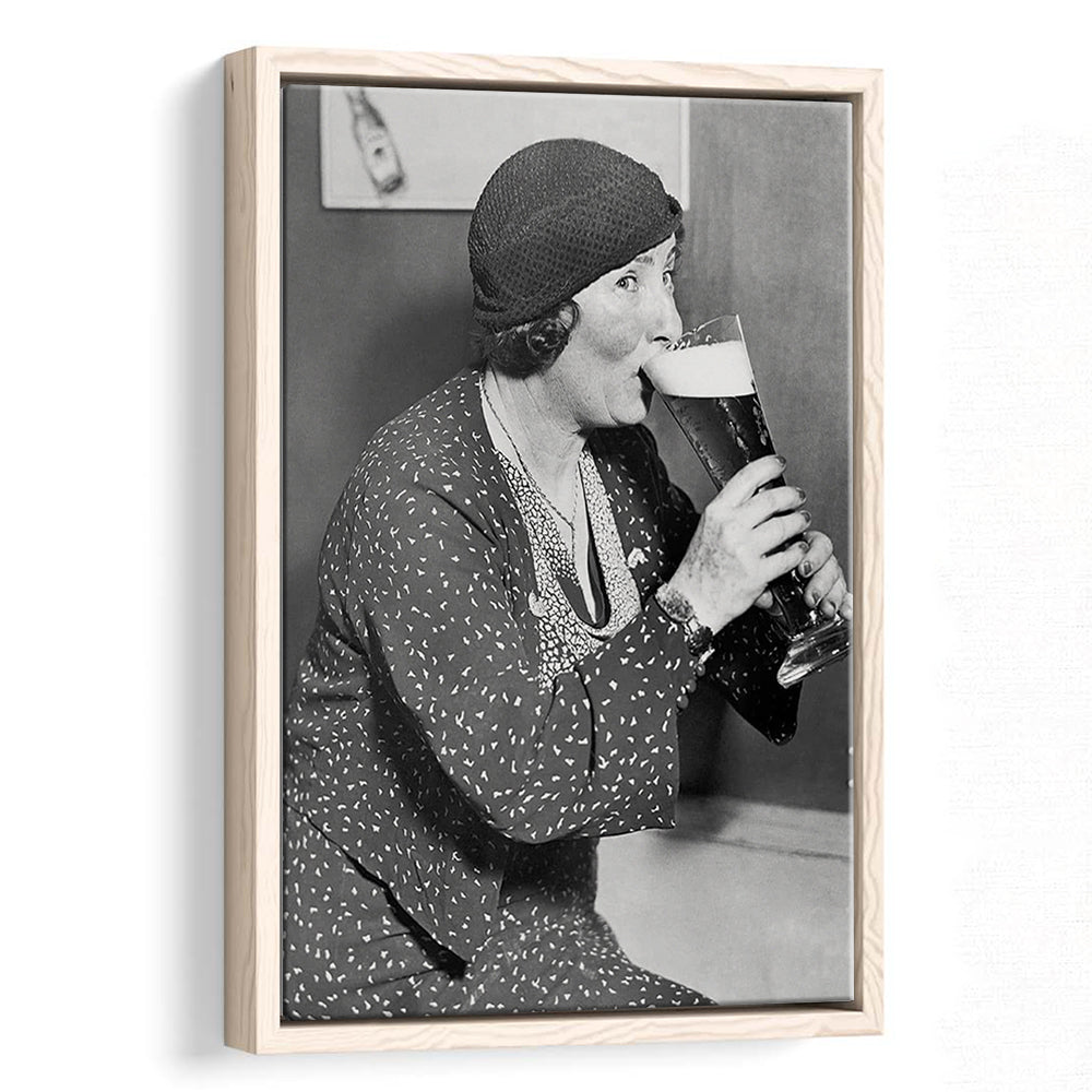 Woman Drinking Beer Print, Bar Cart Wall Art, Black and White,Prohibition Art, Floating Framed Canvas Print