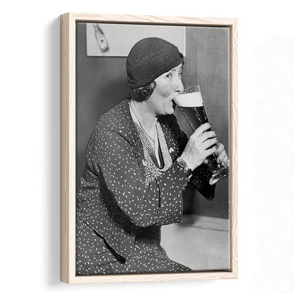 Woman Drinking Beer Print, Bar Cart Wall Art, Black and White,Prohibition Art, Floating Framed Canvas Print