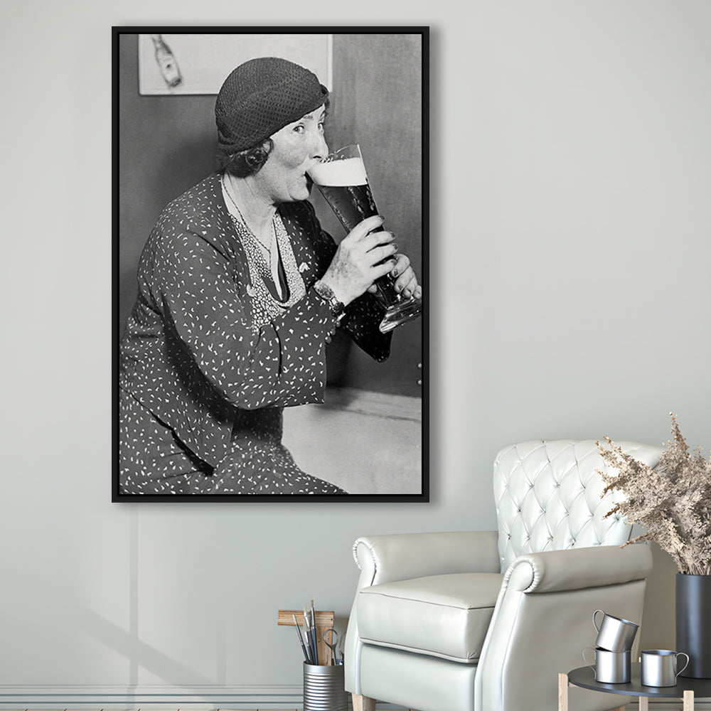 Woman Drinking Beer Print, Bar Cart Wall Art, Black and White,Prohibition Art, Floating Framed Canvas Print
