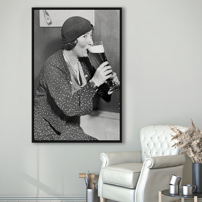 Woman Drinking Beer Print, Bar Cart Wall Art, Black and White,Prohibition Art, Floating Framed Canvas Print