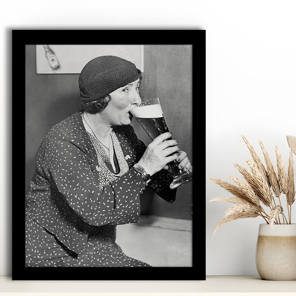 Woman Drinking Beer Print, Bar Cart Wall Art, Black and White,Prohibition Wall Art, 1920s, Framed Art Print Wall Decor