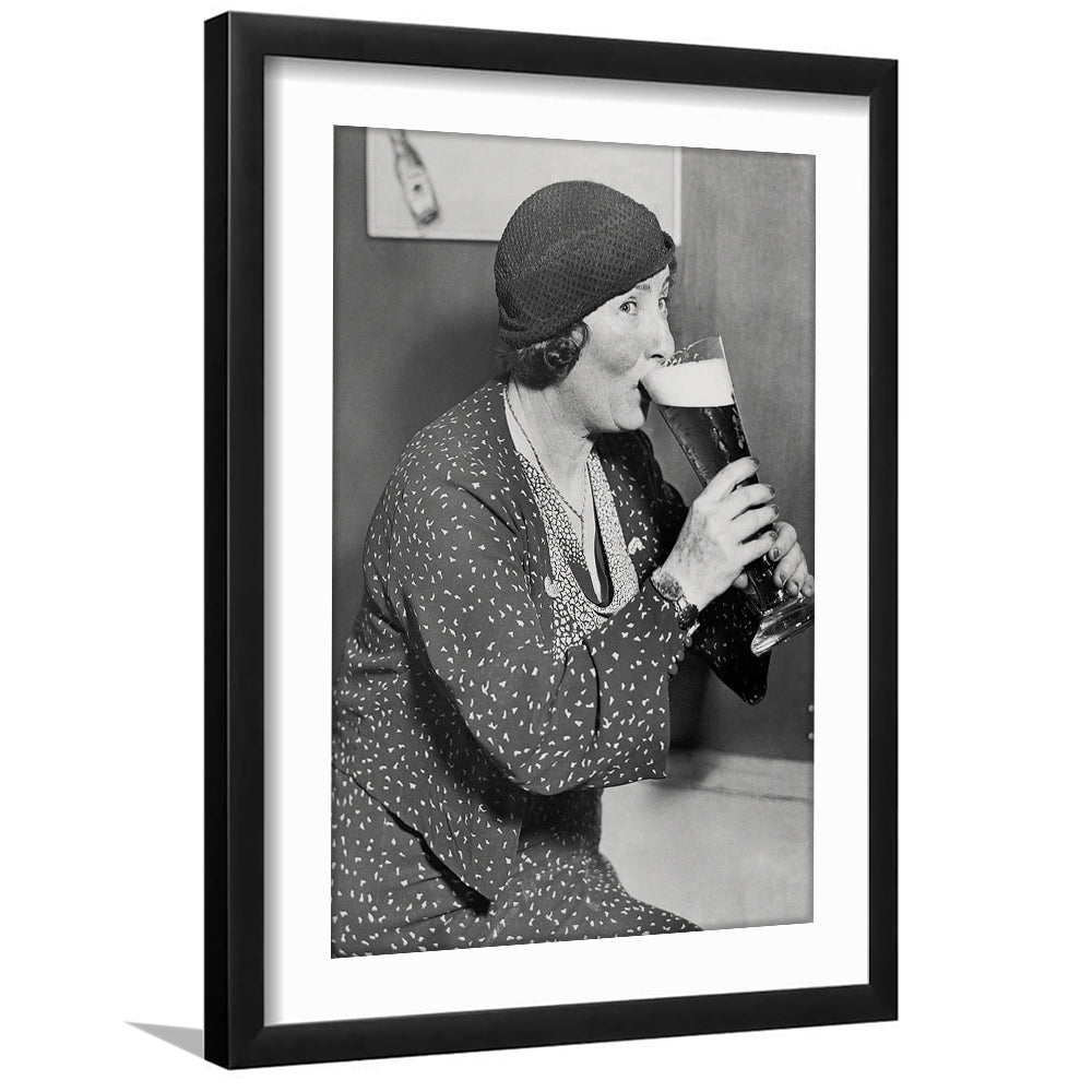 Woman Drinking Beer Print, Bar Cart Wall Art, Black and White, Framed Art Print White Border Wall Decor