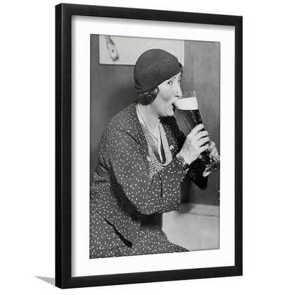 Woman Drinking Beer Print, Bar Cart Wall Art, Black and White, Framed Art Print White Border Wall Decor