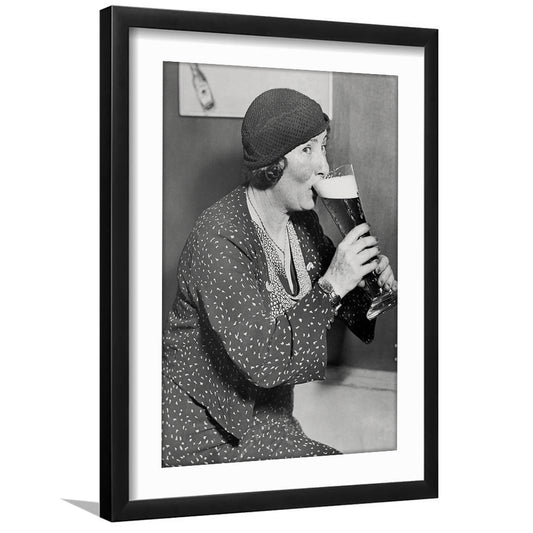 Woman Drinking Beer Print, Bar Cart Wall Art, Black and White, Framed Art Print White Border Wall Decor