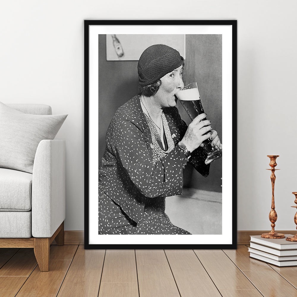 Woman Drinking Beer Print, Bar Cart Wall Art, Black and White, Framed Art Print White Border Wall Decor
