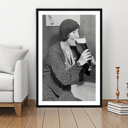 Woman Drinking Beer Print, Bar Cart Wall Art, Black and White, Framed Art Print White Border Wall Decor