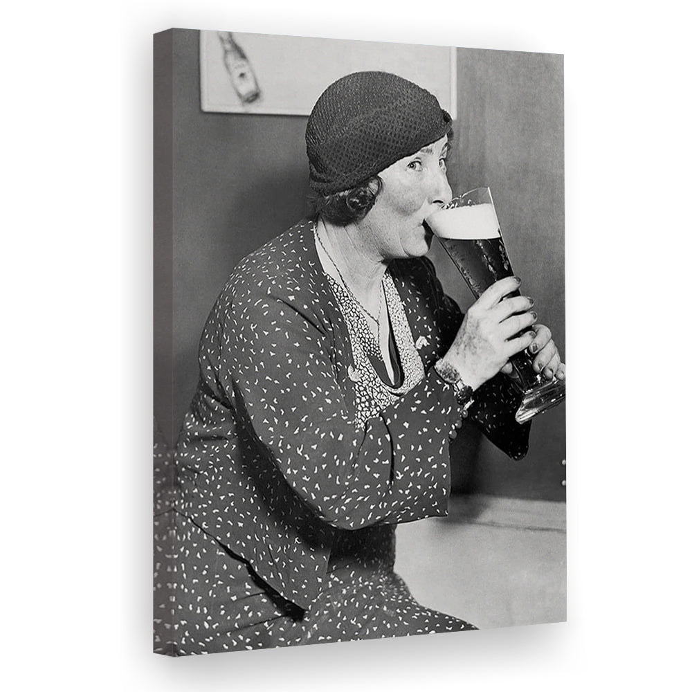 Woman Drinking Beer Print, Bar Cart Wall Art, Black and White, 1920s, Canvas Print Wall Art