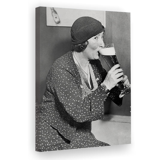 Woman Drinking Beer Print, Bar Cart Wall Art, Black and White, 1920s, Canvas Print Wall Art