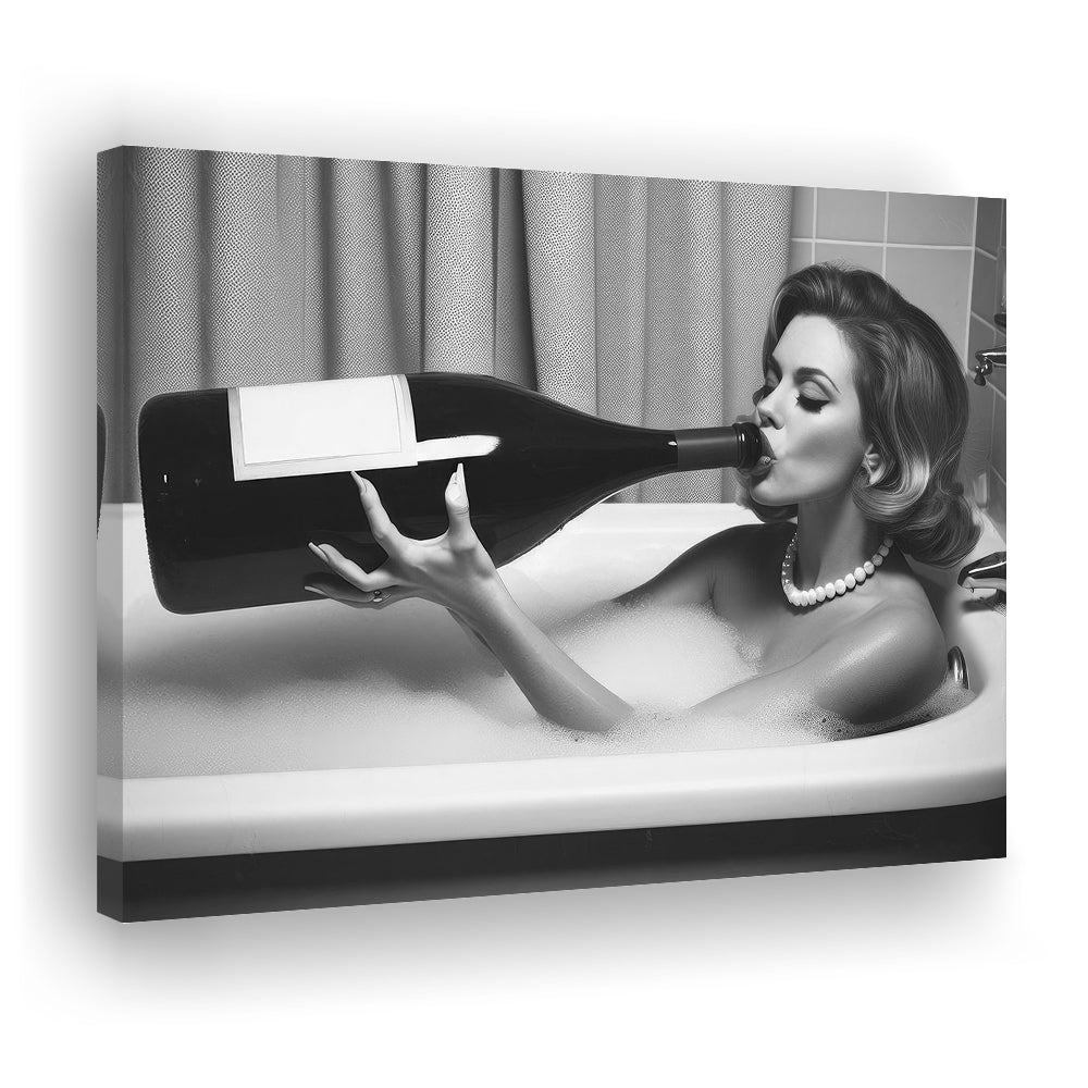Woman Drinking Oversized Wine Canvas Print Wall Art, Vintage Woman Drinking In Bathtub, Black and White Print