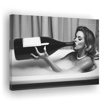 Woman Drinking Oversized Wine Canvas Print Wall Art, Vintage Woman Drinking In Bathtub, Black and White Print
