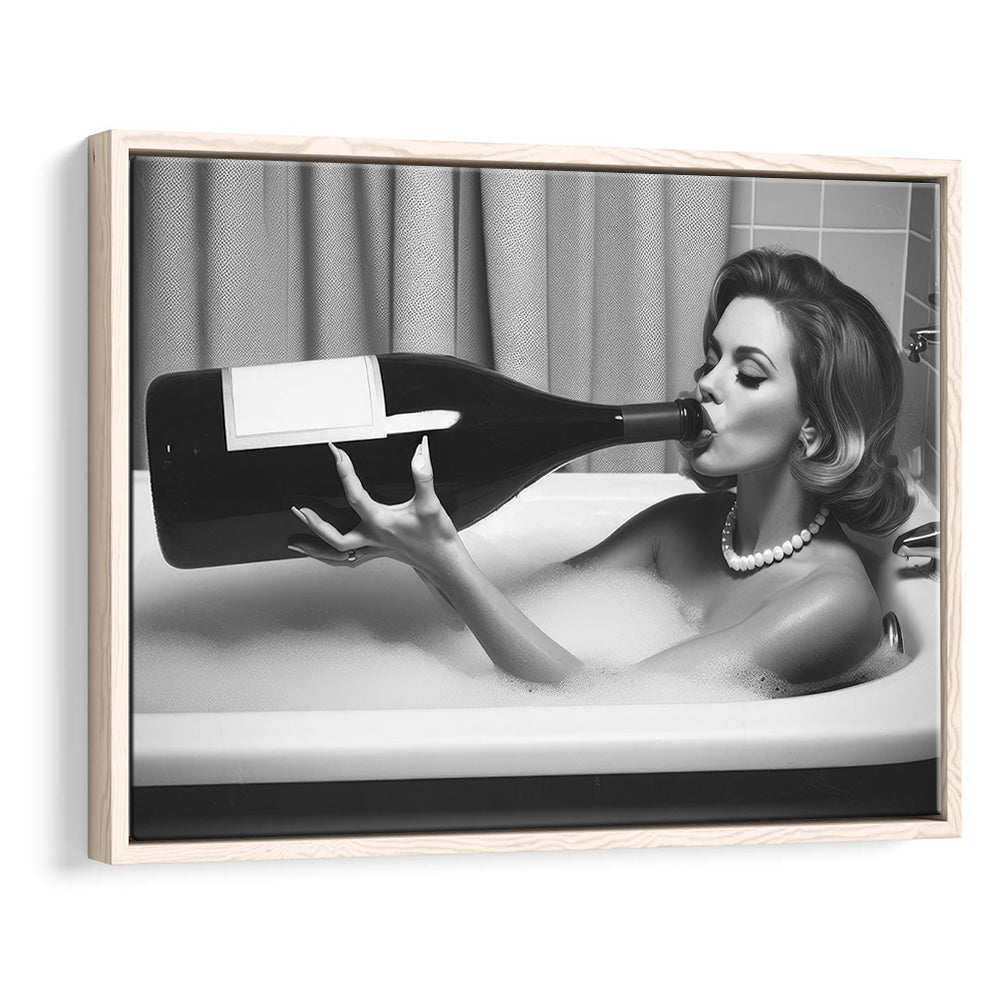 Woman Drinking Oversized Wine Framed Canvas Print Wall Art, Vintage Woman Drinking In Bathtub, Black and White Print