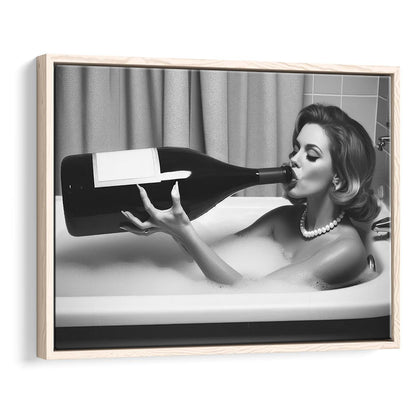 Woman Drinking Oversized Wine Framed Canvas Print Wall Art, Vintage Woman Drinking In Bathtub, Black and White Print