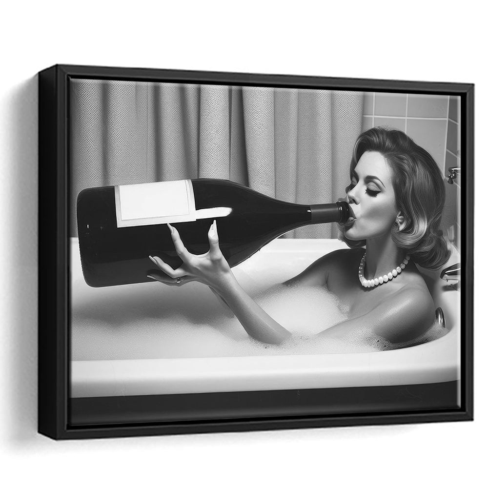 Woman Drinking Oversized Wine Framed Canvas Print Wall Art, Vintage Woman Drinking In Bathtub, Black and White Print