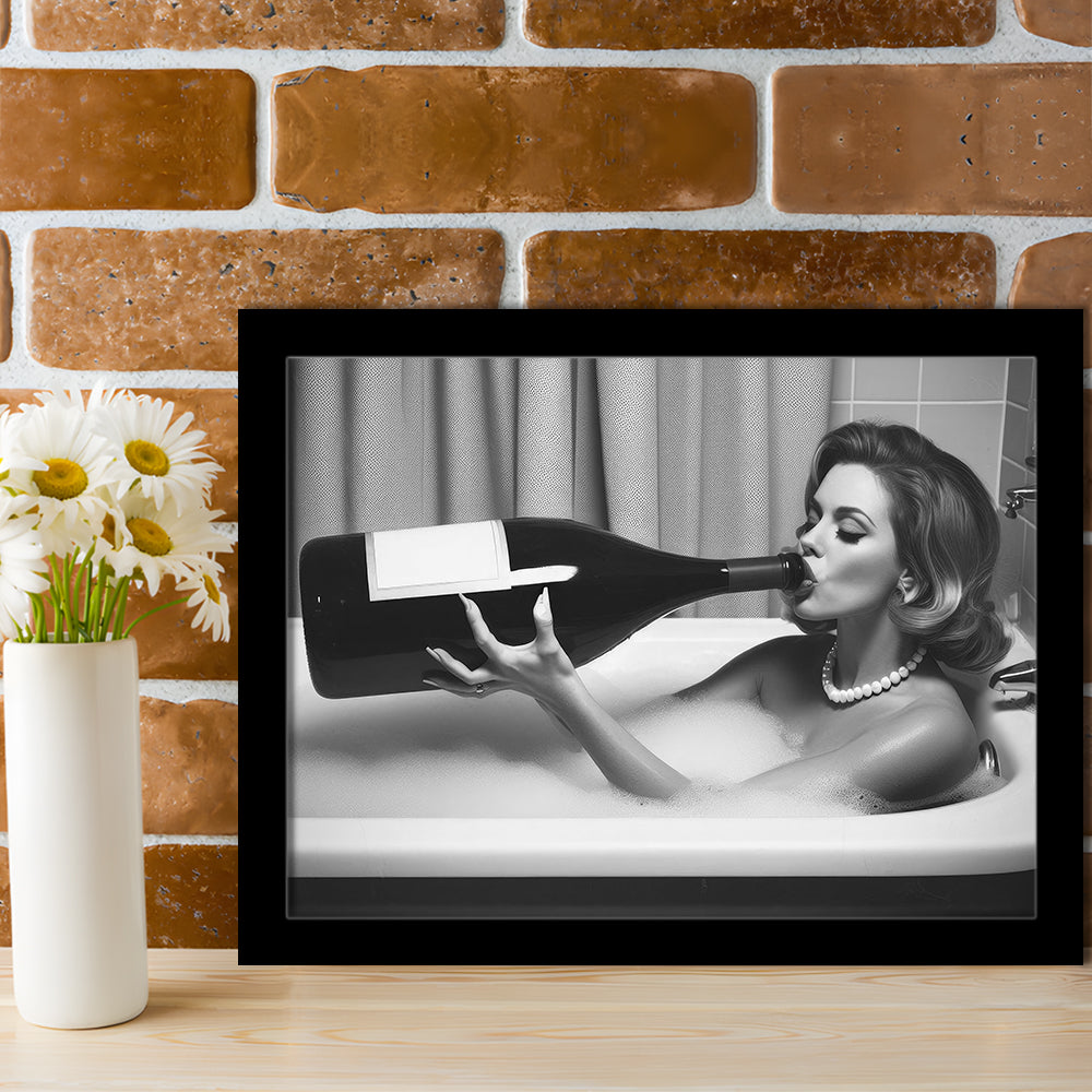 Woman Drinking Oversized Wine Framed Art Print Wall Decor, Vintage Woman Drinking In Bathtub, Black and White Print
