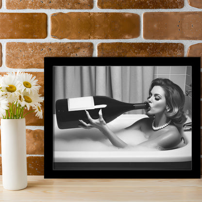 Woman Drinking Oversized Wine Framed Art Print Wall Decor, Vintage Woman Drinking In Bathtub, Black and White Print