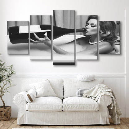 Woman Drinking Oversized Wine Mixed Canvas Print Wall Art, Vintage Woman Drinking In Bathtub, Black and White Print