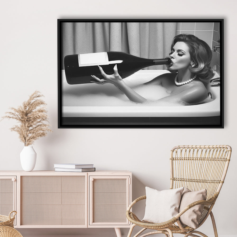 Woman Drinking Oversized Wine Framed Canvas Print Wall Art, Vintage Woman Drinking In Bathtub, Black and White Print