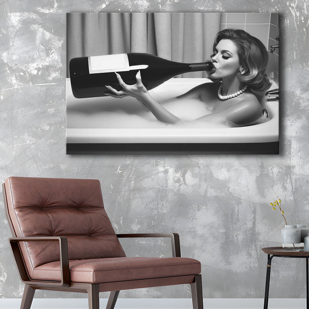 Woman Drinking Oversized Wine Canvas Print Wall Art, Vintage Woman Drinking In Bathtub, Black and White Print