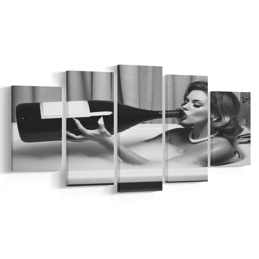 Woman Drinking Oversized Wine Mixed Canvas Print Wall Art, Vintage Woman Drinking In Bathtub, Black and White Print