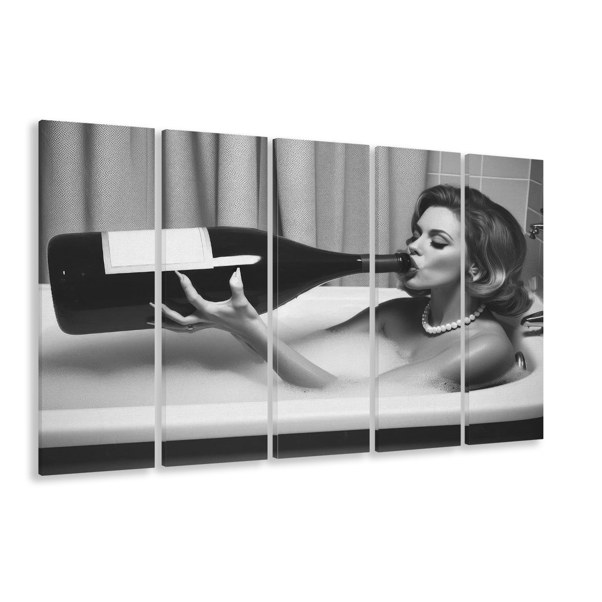 Woman Drinking Oversized Wine 5 Panels Canvas Print Wall Art, Vintage Woman Drinking In Bathtub, Black and White Print